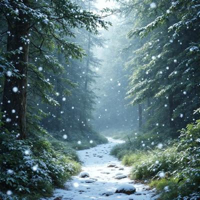 Primary subject: Snowy path in a forest
Setting/background: Snow-covered trees and forest
Visual style: Digital art
Colors and mood: White snow, green trees, and a serene atmosphere